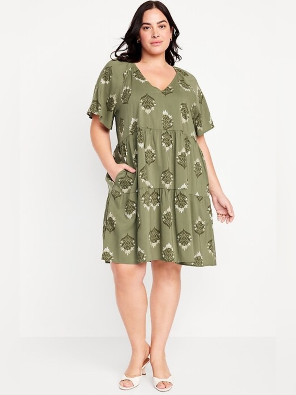 Old Navy V-Neck Mini Swing Dress SZ Large Baby Doll Olive Green Pockets Tiered